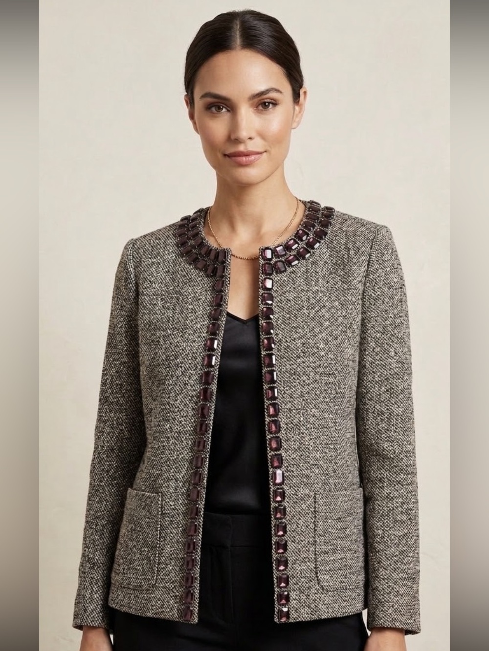 Dana Buchman Embellished Metallic Tweed Jacket Size 14  brown  Jewel Trim